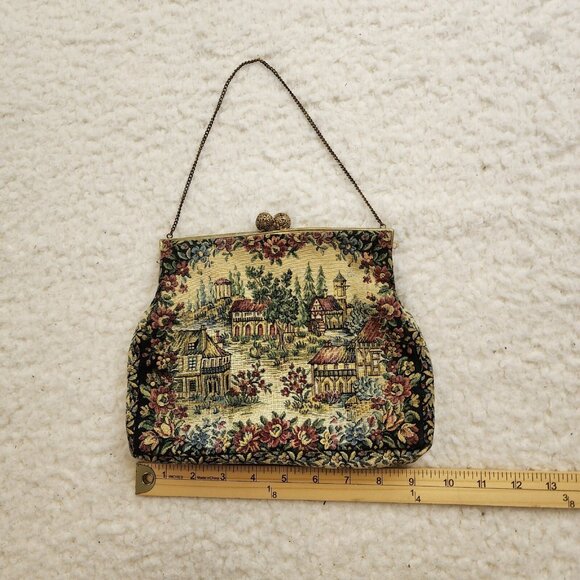 Vintage Walborg Tapestry Linen Blend Handbag Purse Gold Kiss Lock Cocktail - Picture 2 of 8